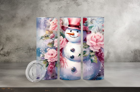 Snowman with Pink Hat and Flowers