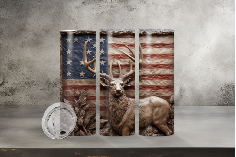 Woodgrain Deer and American Flag Tumbler